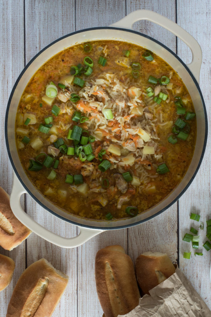 Flat photo of chicken and rice soup