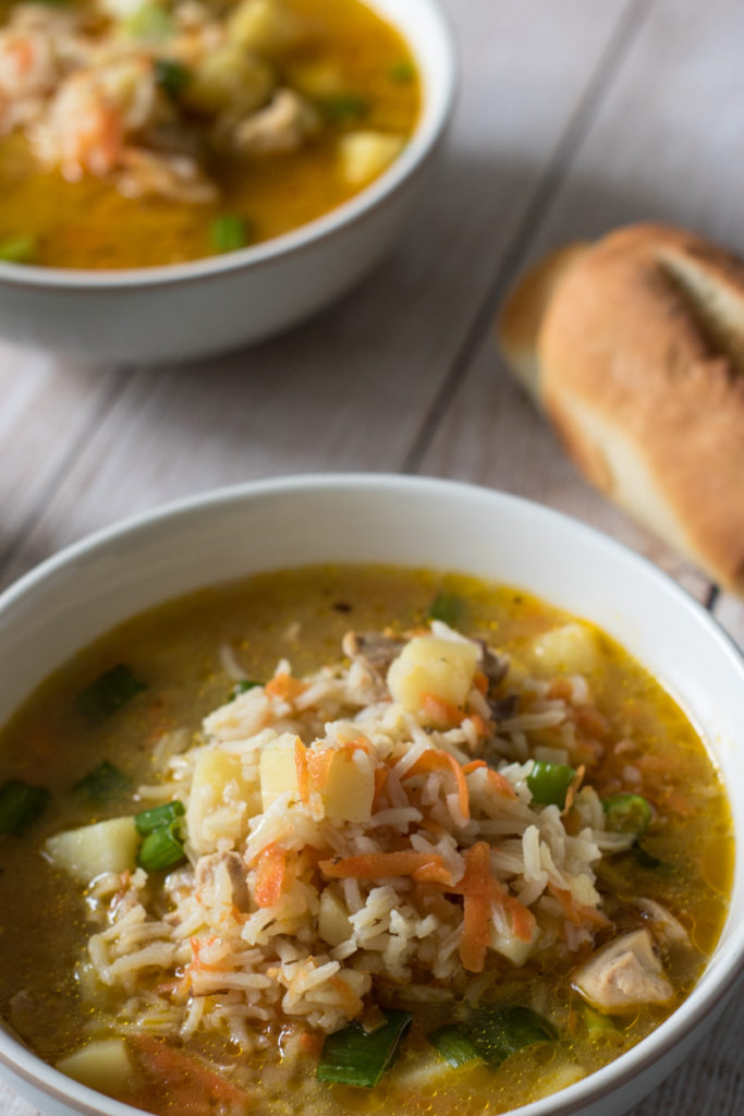 close up of chicken and rice soup