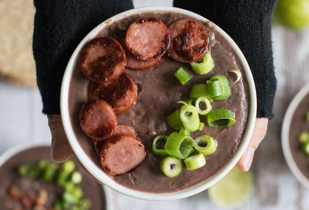 A bowl of bacon black bean soup.