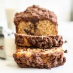 Sliced sourdough banana bread with chocolate chips.