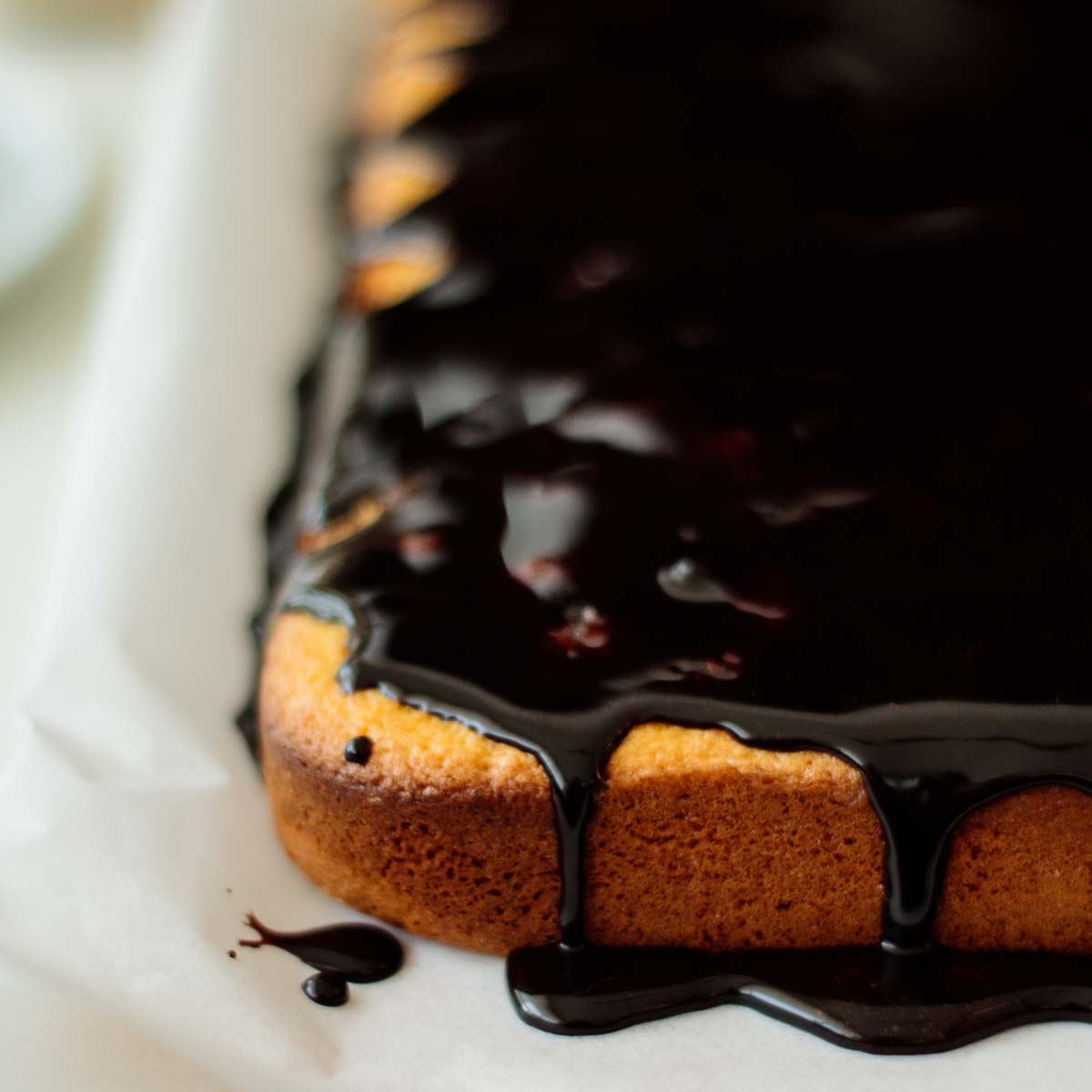 Close up on sheet carrot cake with drizzling chocolate sauce.