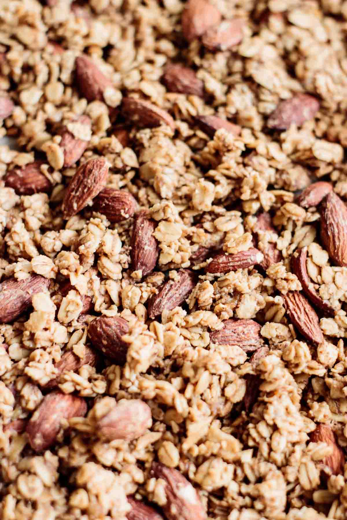 Banana granola baked on a baking sheet.