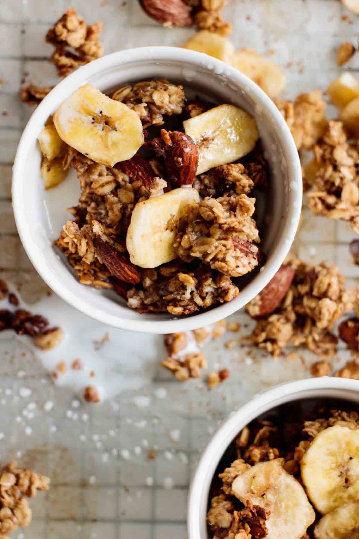 Granola with milk in a bowl.