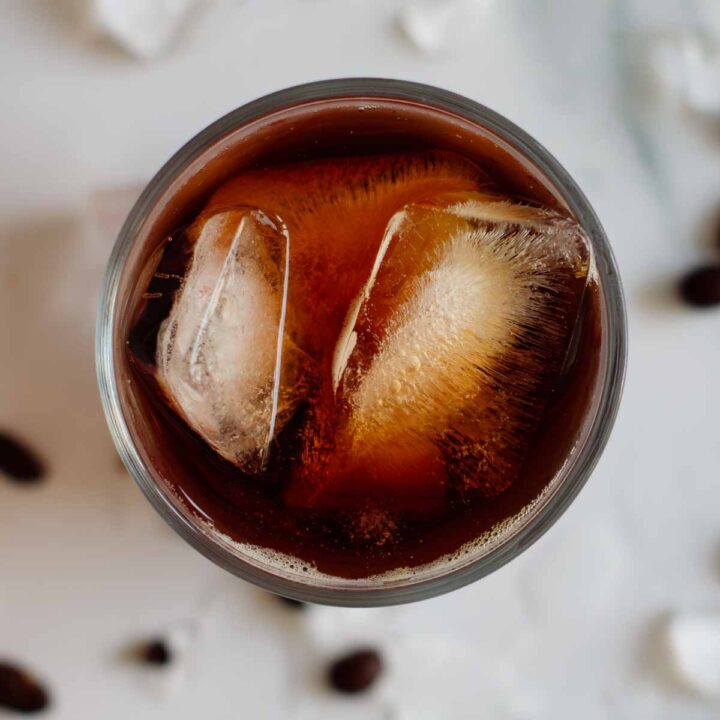 cold brew coffee in a glass full with ice seen from above