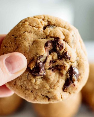 hand holding one peanut butter chocolate chunk cookie, with pools of melting chocolate