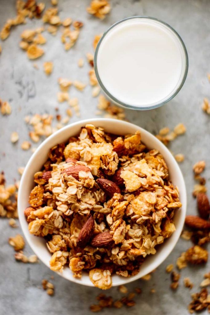 Cornflakes Cereal Granola Milk and Pop