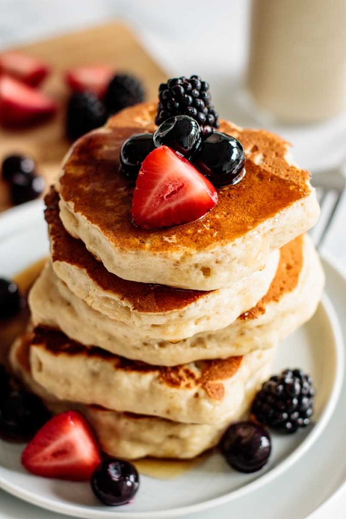 close up of top of sourdough pancakes stack