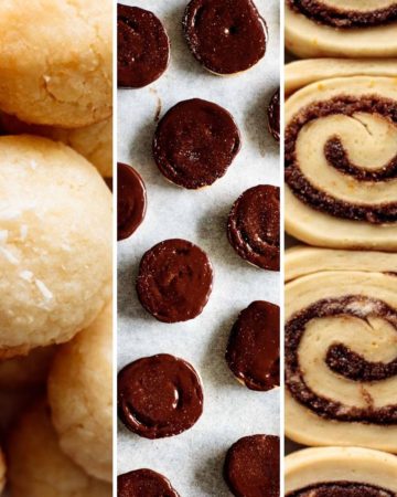 collage of coconut cookies, butter cookies and cinnamon rolls for baking tips post