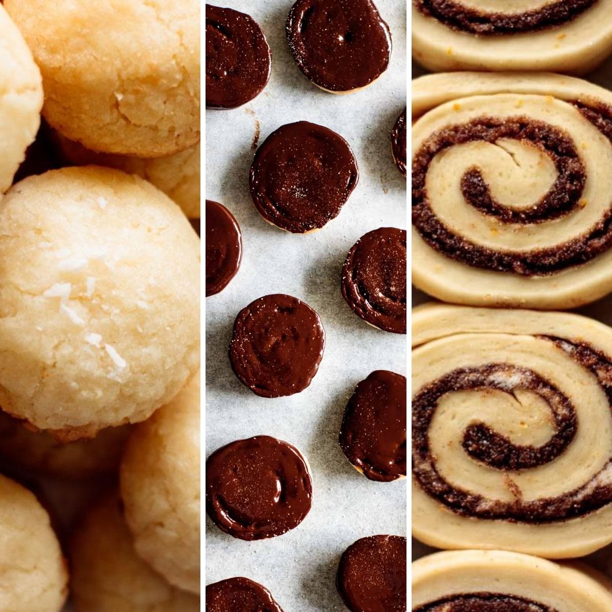 collage of coconut cookies, butter cookies and cinnamon rolls for baking tips post