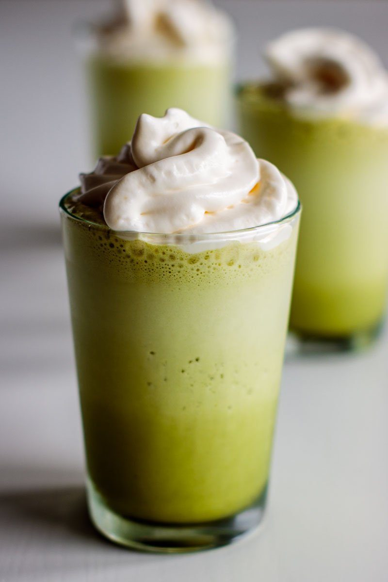 3 cups of matcha frappuccino with whipped cream.