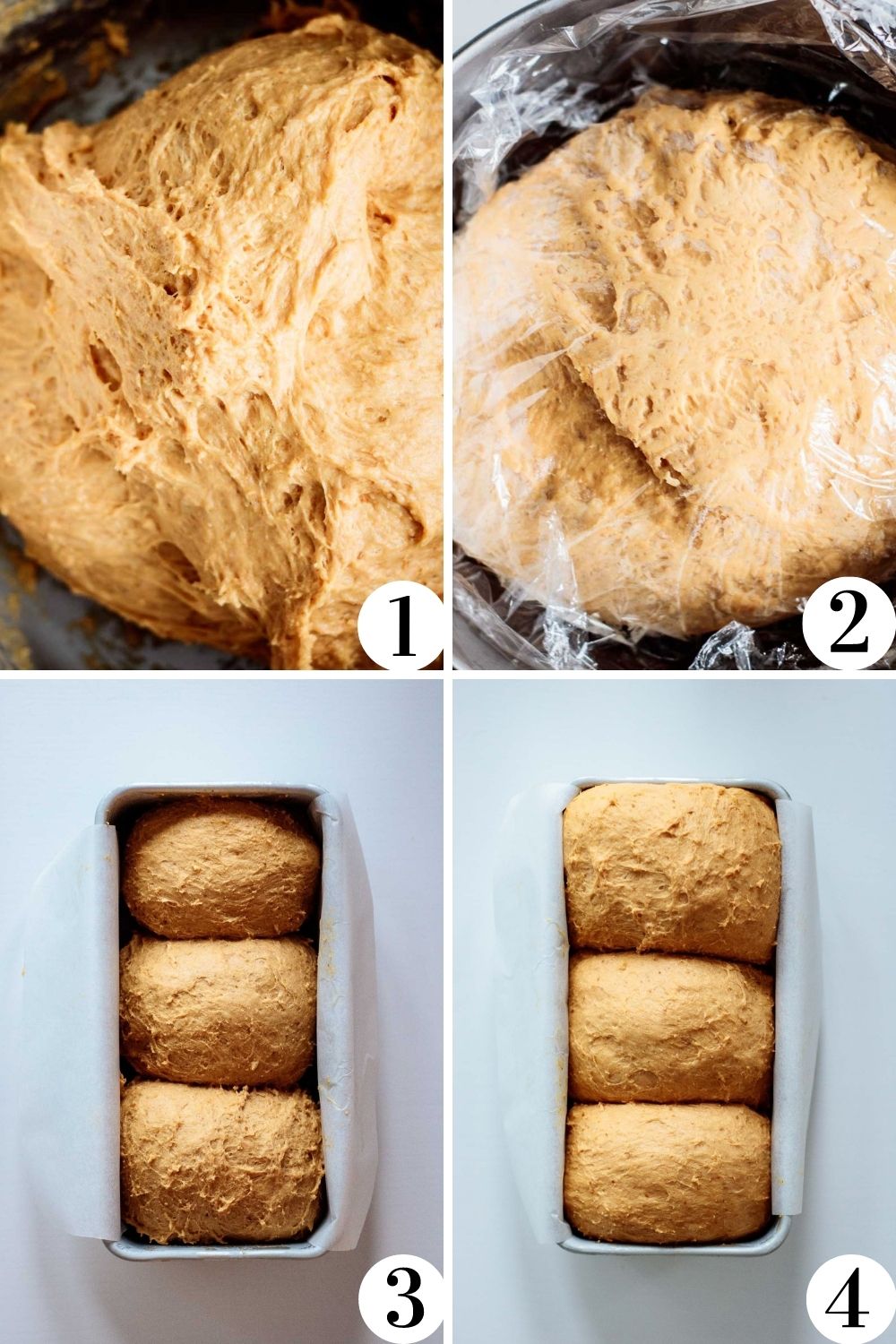 step by step collage showing how to make no knead pumpkin brioche bread