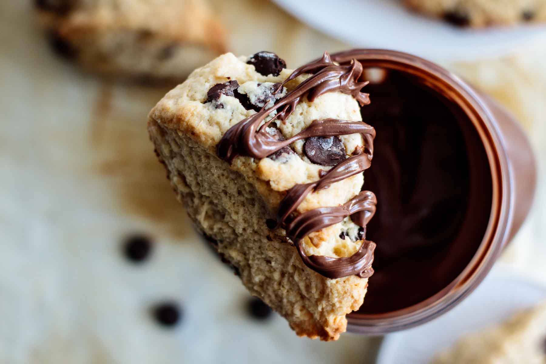 Close up on a chocolate chips scone