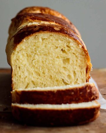 sourdough brioche bread sliced, showing its crumb soft interior
