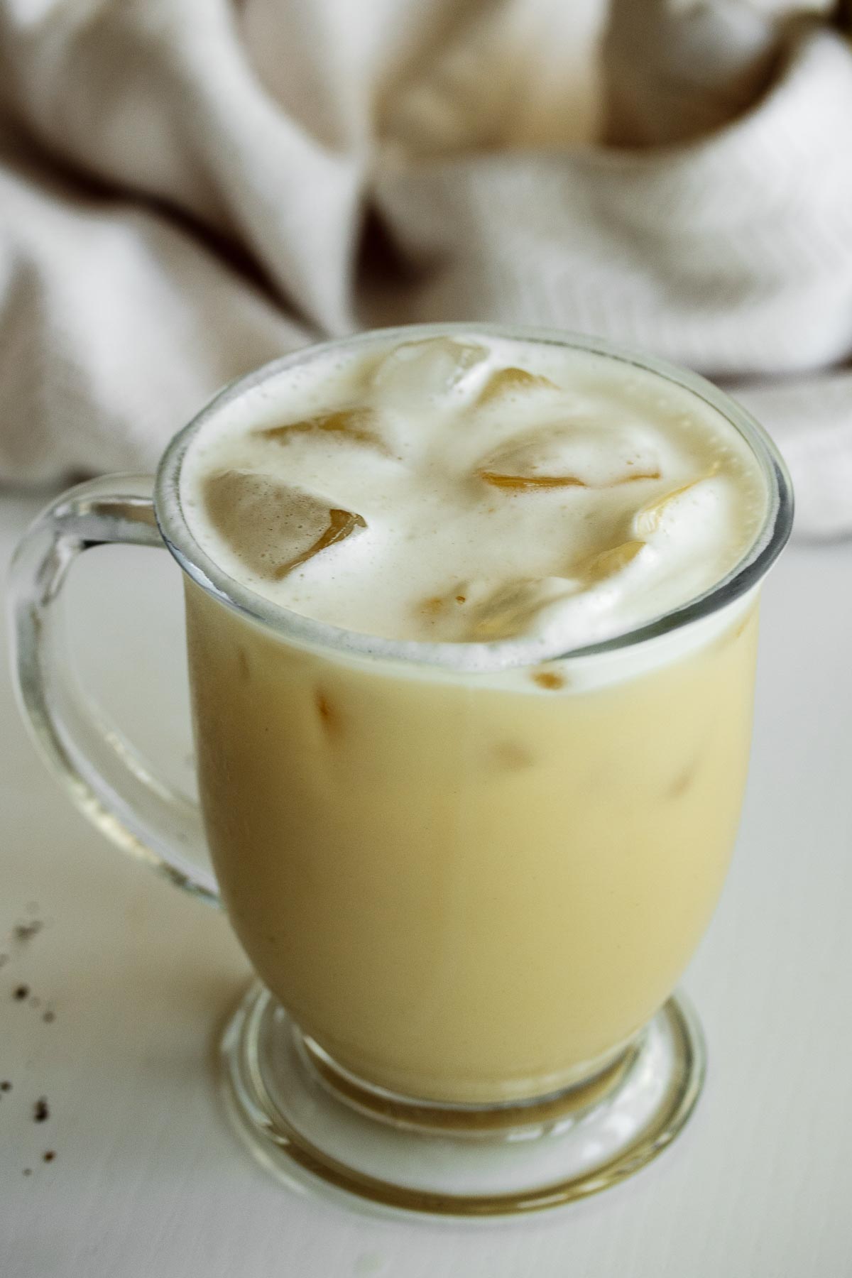 Iced London Fog close up, showing its frothed top.