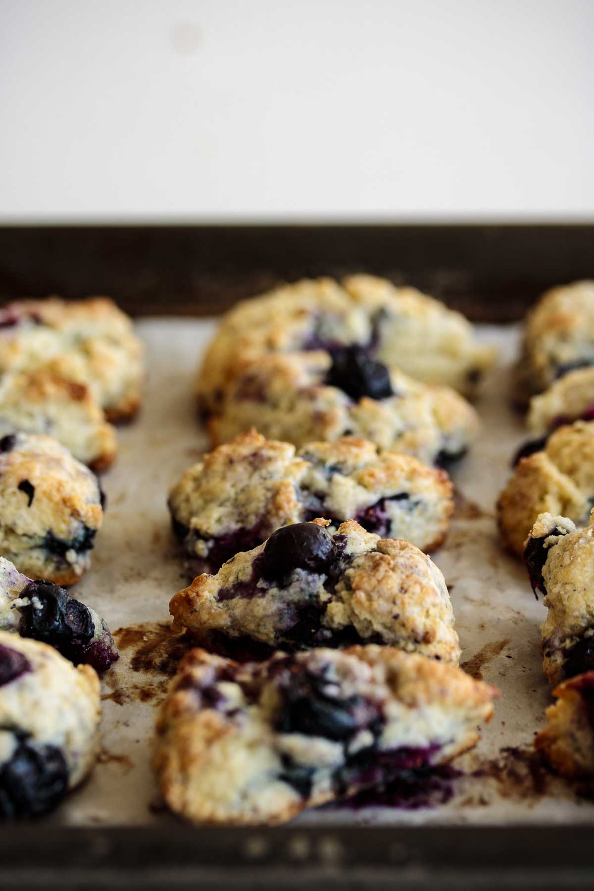 Starbucks Blueberry Scones after baked, on a baking tray.