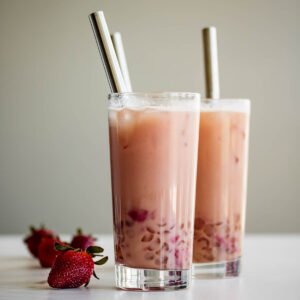 Tall glasses of strawberry milk tea with reusable straws.