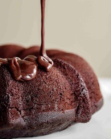 Secret ingredient chocolate cake with pouring brigadeiro topping.