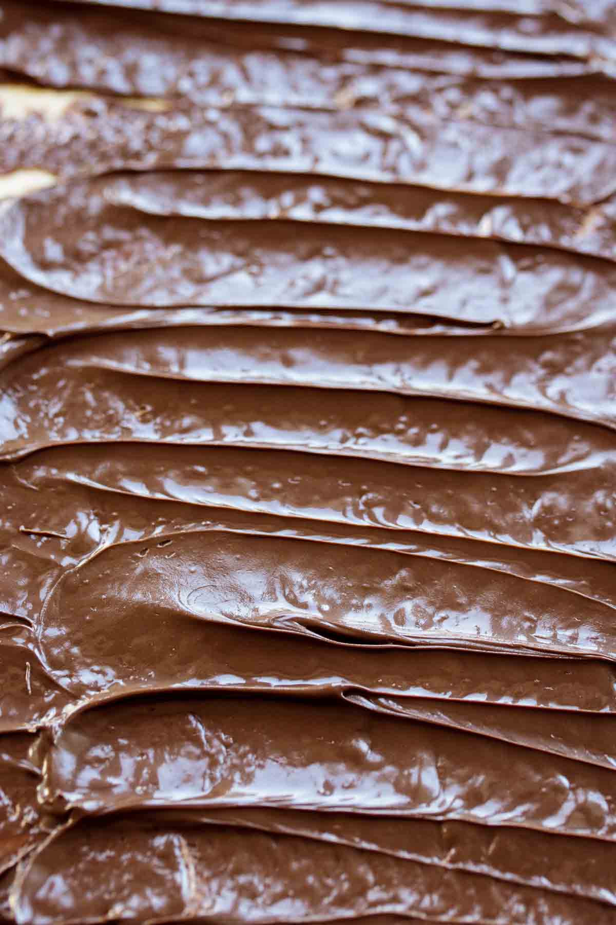 Vegan chocolate spread over dough.