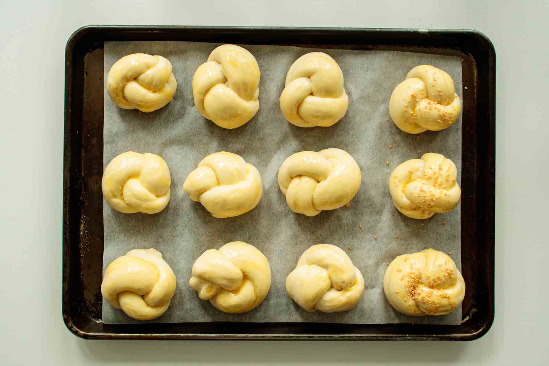 Challah rolls after second rise.