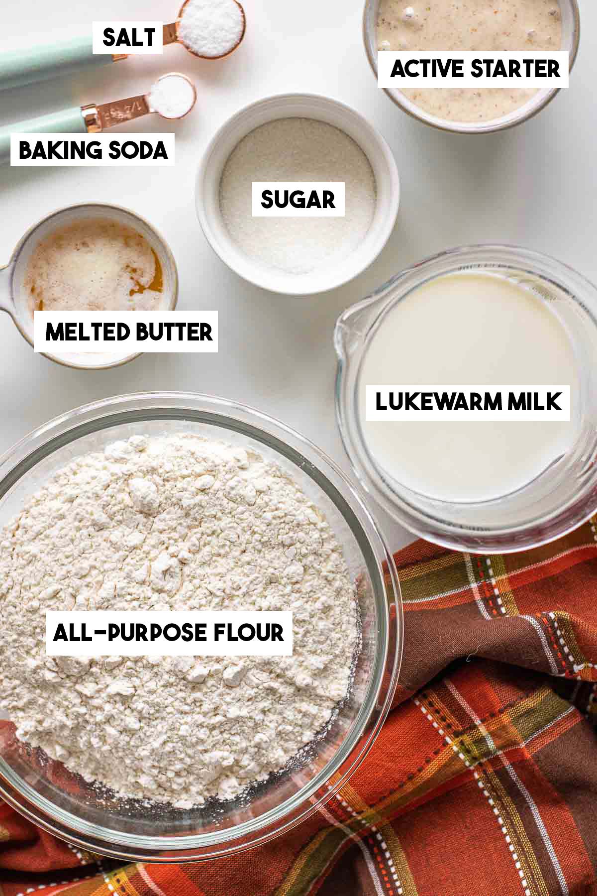 Ingredients of this recipe: baking soda, starter, sugar, milk, salt, butter and flour.