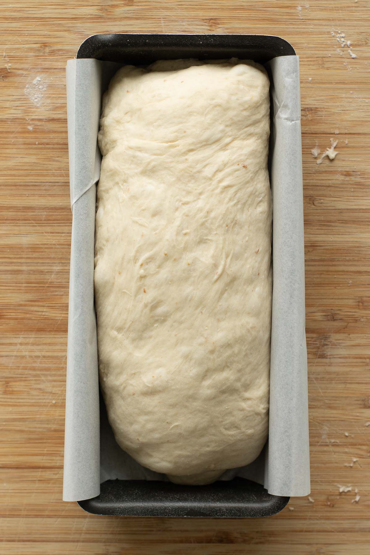 Shaped dough in loaf pan.