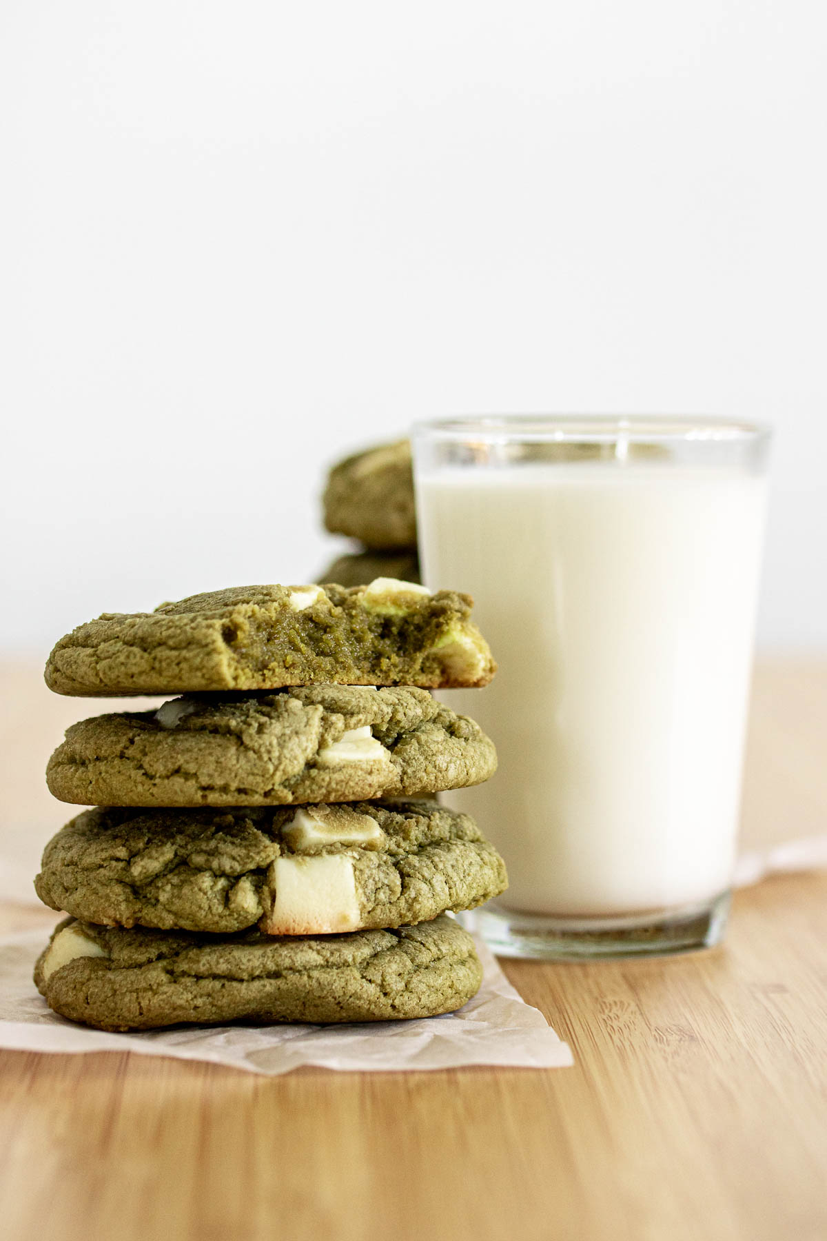 Fudgy inside of matcha white chocolate cookie.