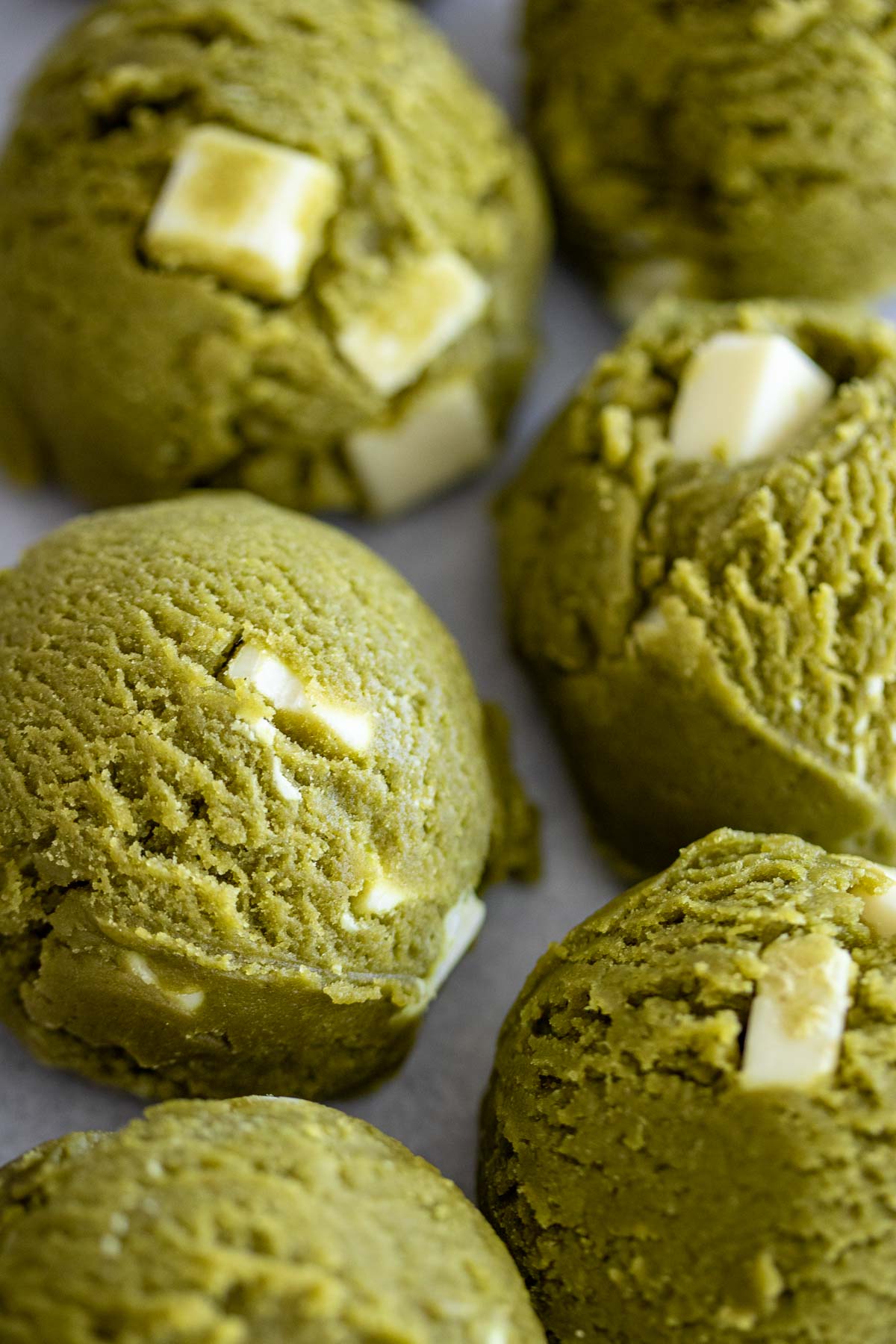 Shaped balls of matcha dough.