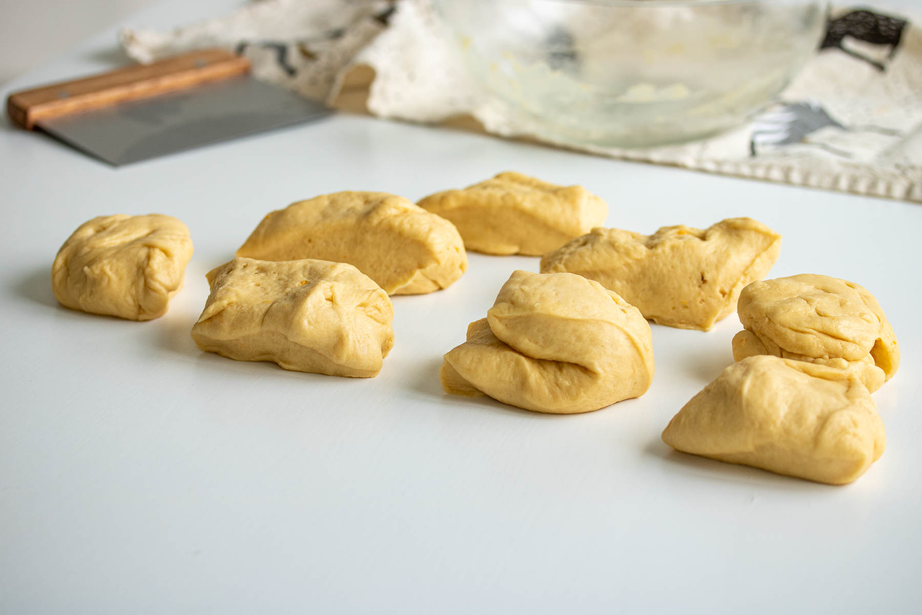 Dough divided into 8 equal parts.