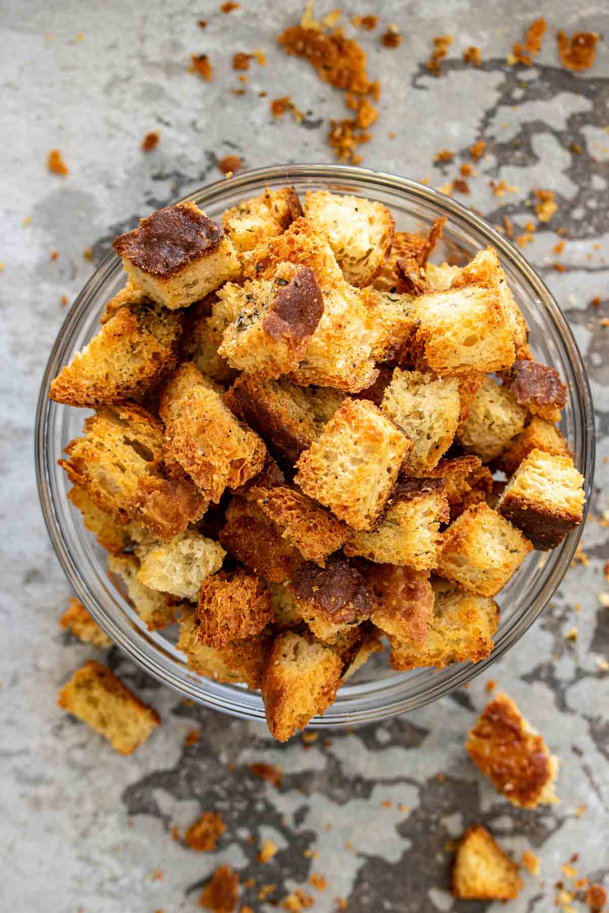 Sourdough croutons in a glass bowl.
