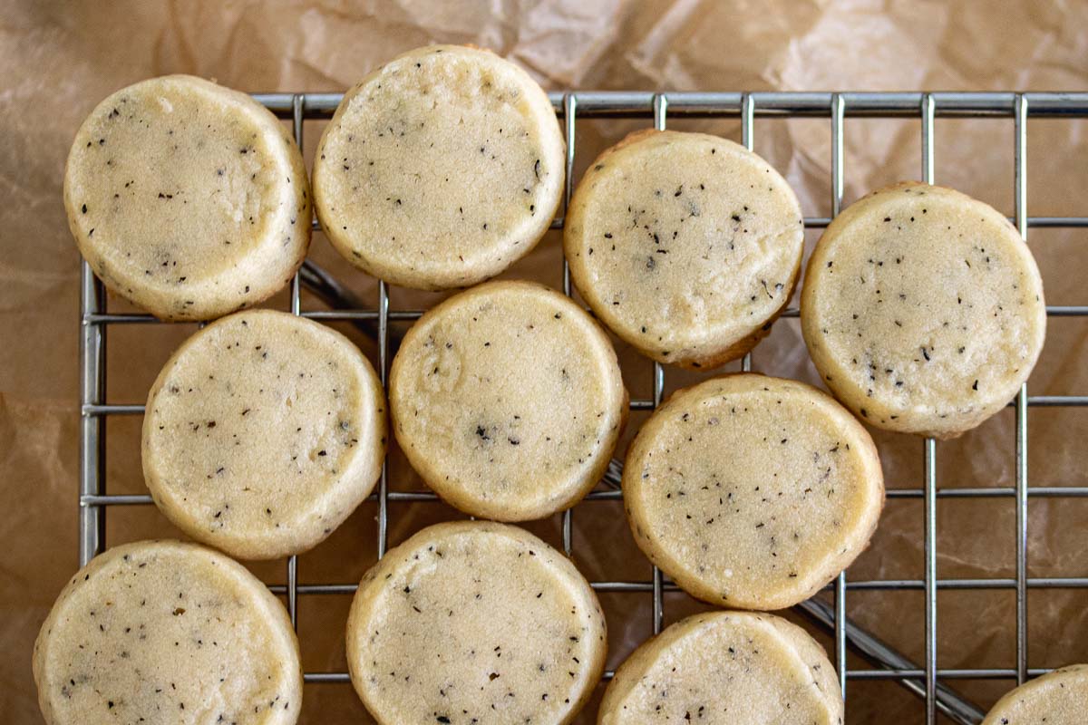 Shortbread cooling on a cooling rack.