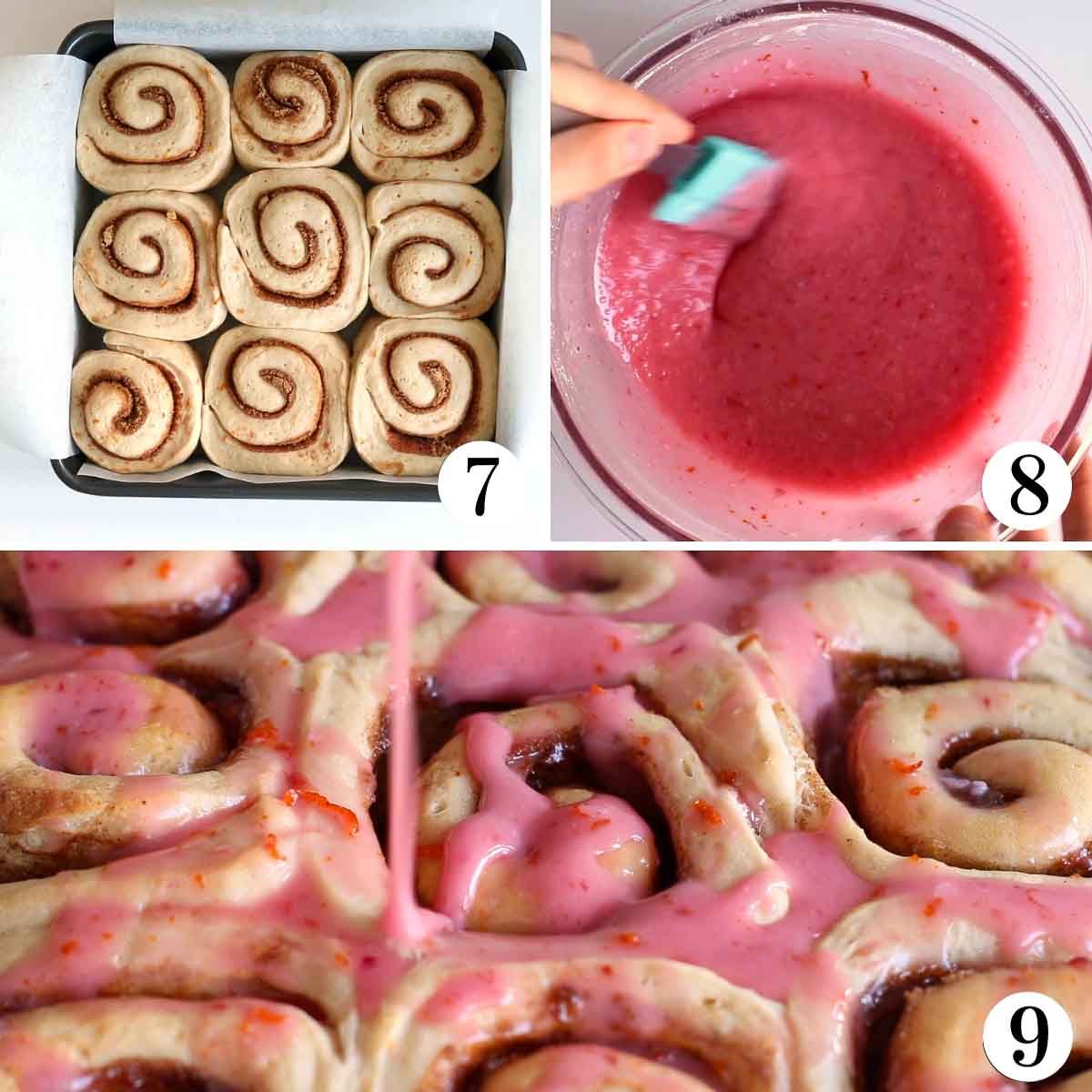 Cinnamon rolls before baking, on a pan, pink glaze being mixed, pink glaze being poured over baked cinnamon rolls.