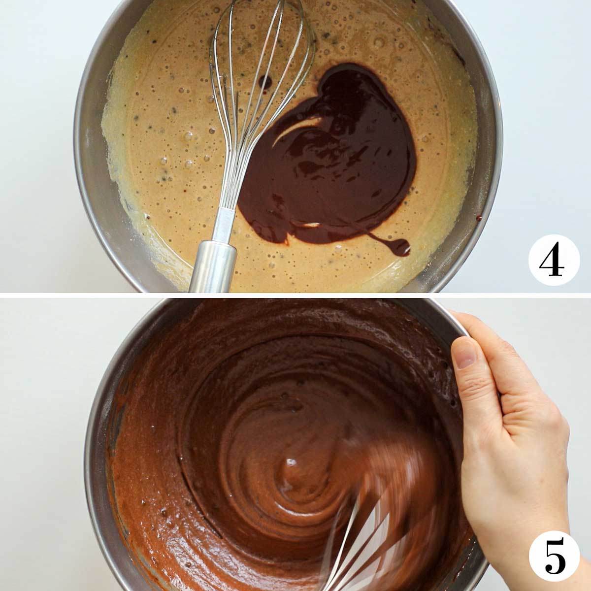Mixing sugar mixture with chocolate mixture, and mixing all ingredients of the recipe.