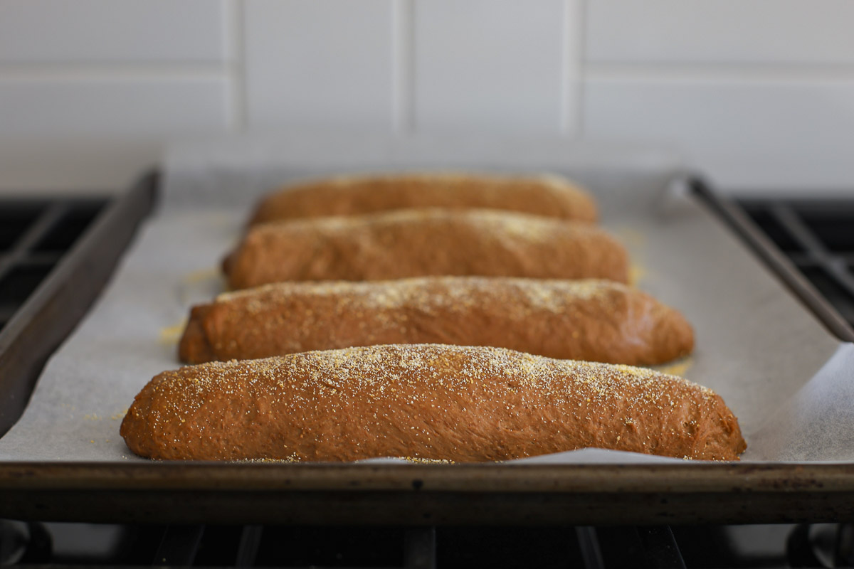 Rolls before baking with cornmeal on top.