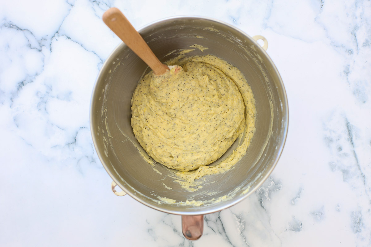 Batter ready, metal bowl and spatula.