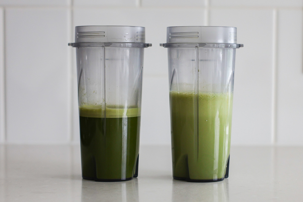 Two jars with matcha drinks: one with water, one with milk.