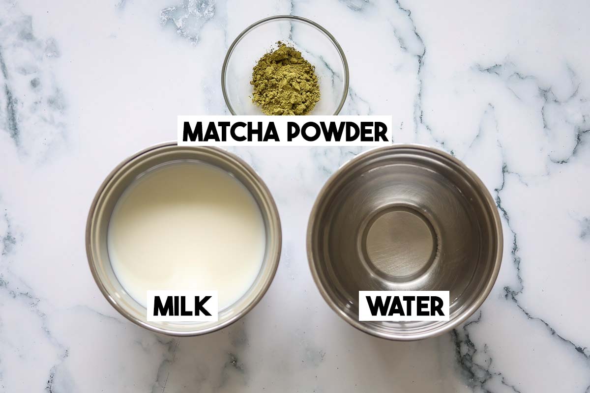 Ingredients of this recipe into bowls: water, milk and matcha powder.