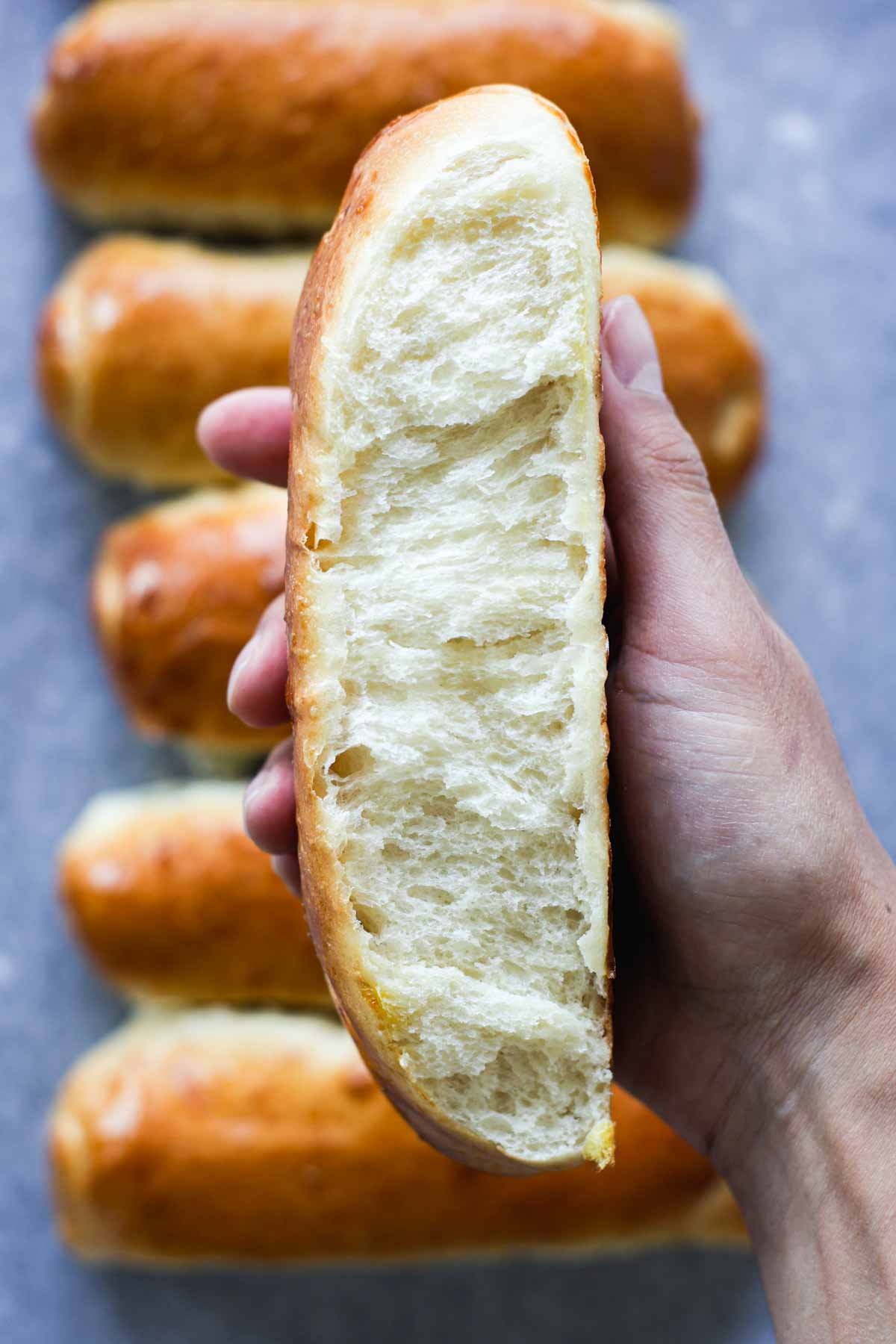 A hand holding a hot dog bun.