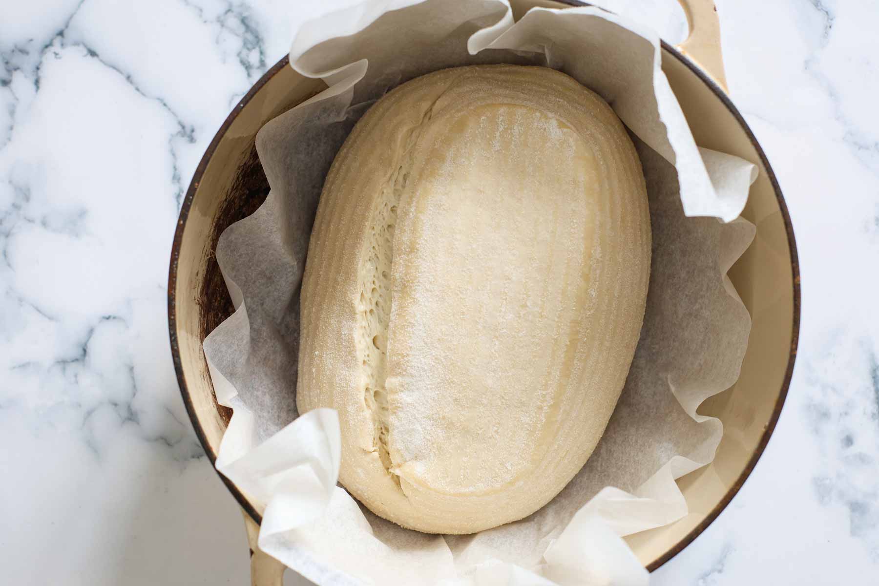 Scored dough inside Dutch oven with parchment paper.