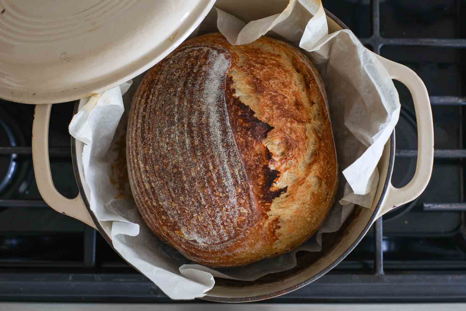 Baked sourdough beer bread with blisters inside a Dutch oven.