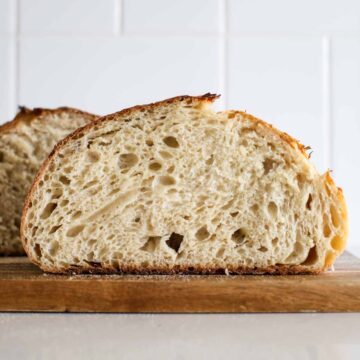 Sourdough Beer Bread sliced, showing its crumb.