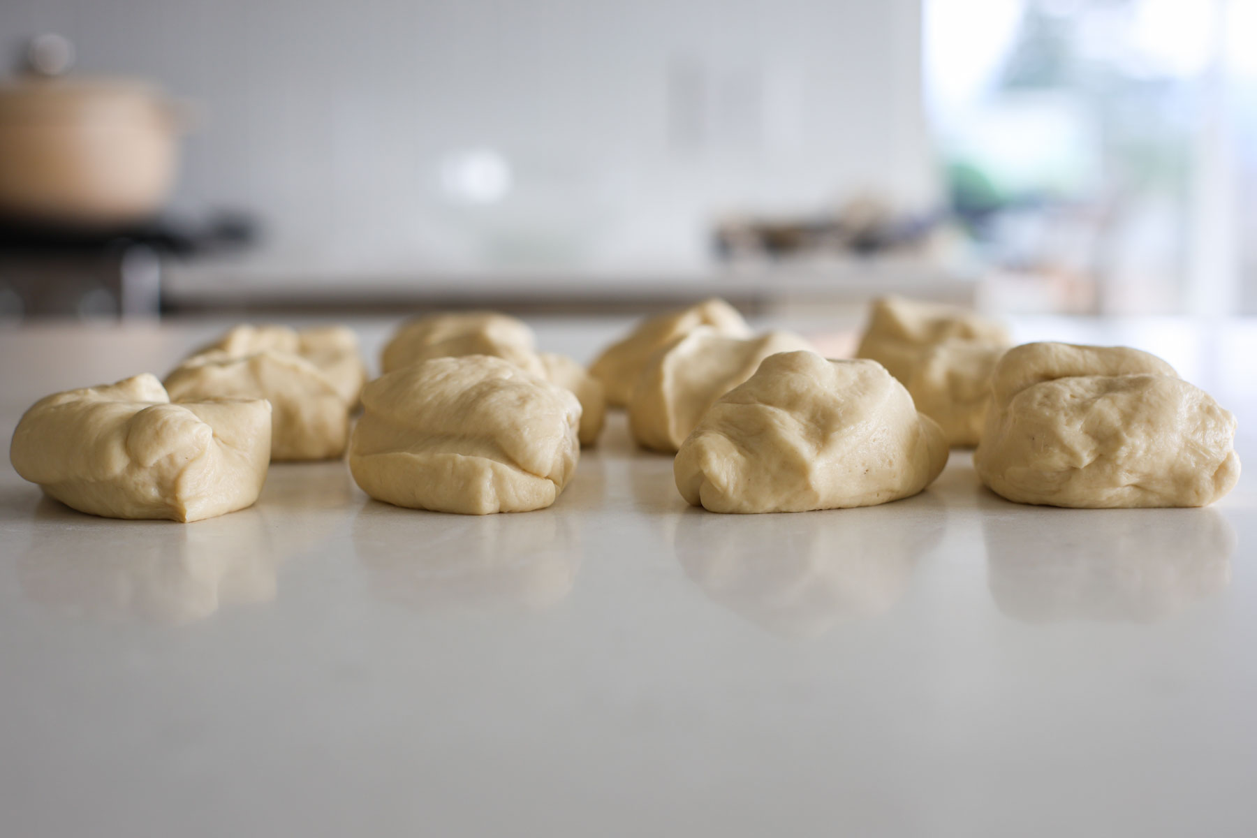 Portioned dough pieces.