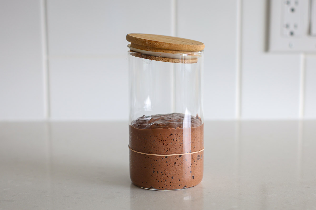 Chocolate sourdough starter with bubbles and rubber band.