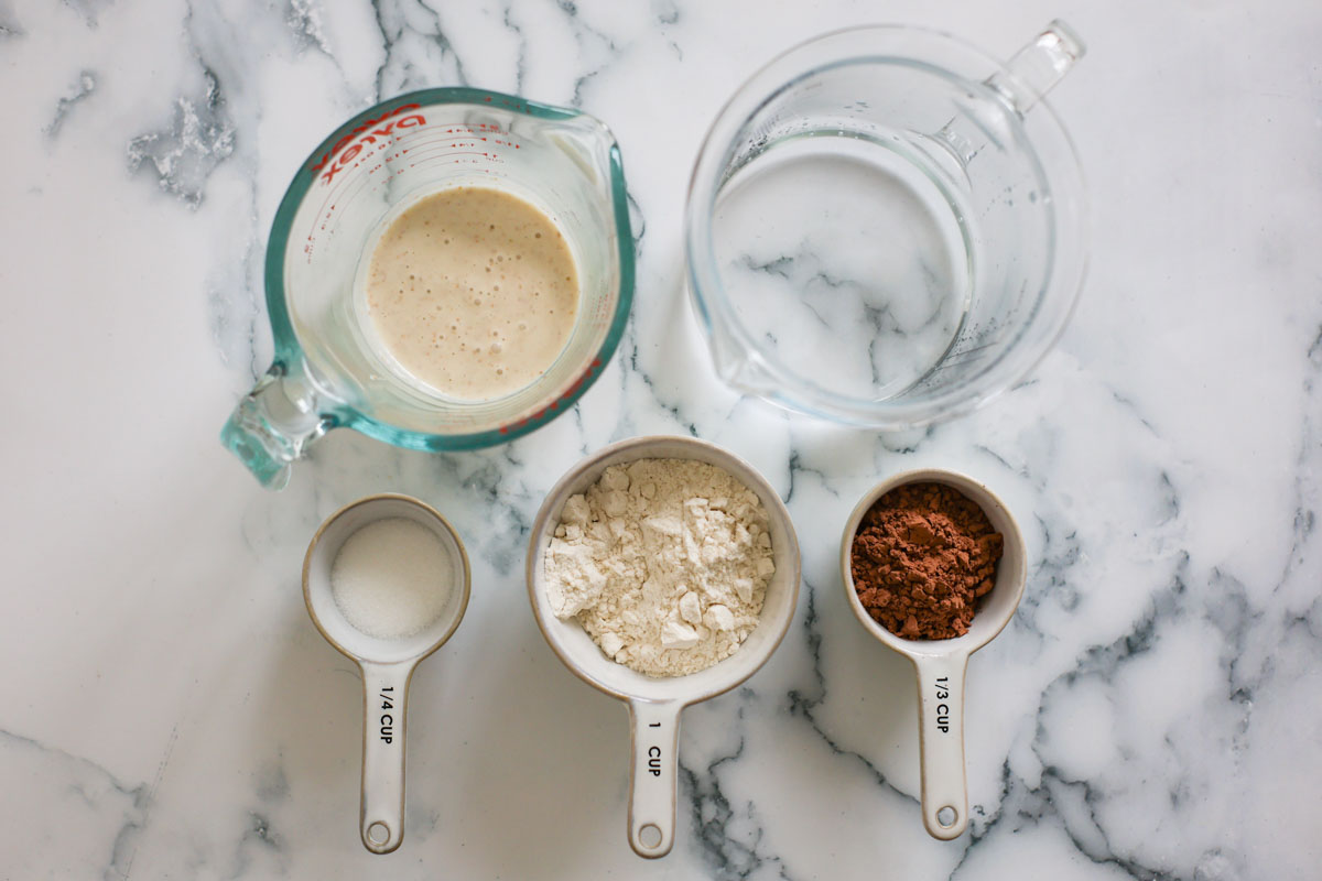 Chocolate sourdough starter ingredients: sugar, cacao, flour, starter and water.