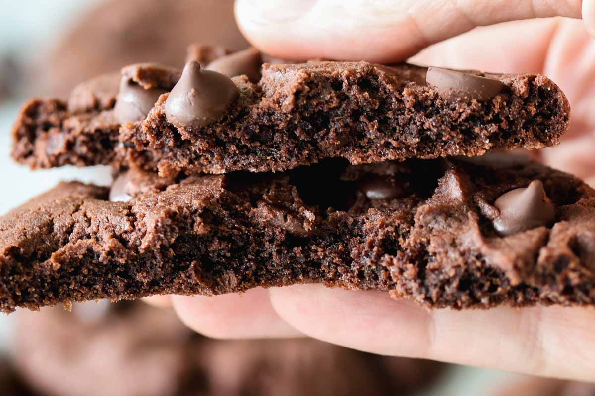 Inside of a chewy chocolate sourdough cookie.
