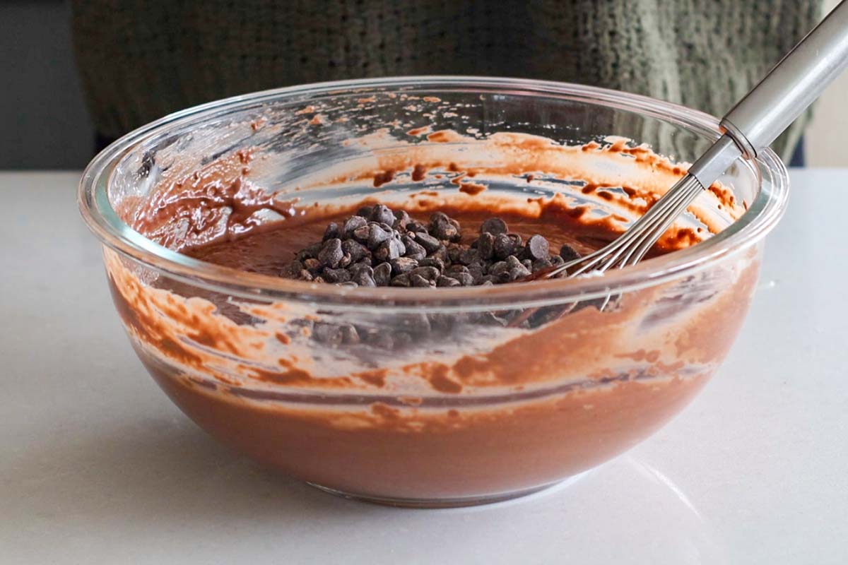 Batter with chocolate chips inside a glass bowl.