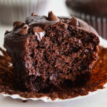 Chocolate sourdough muffin showing its crumb.