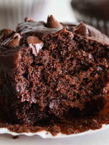 Chocolate sourdough muffin showing its crumb.