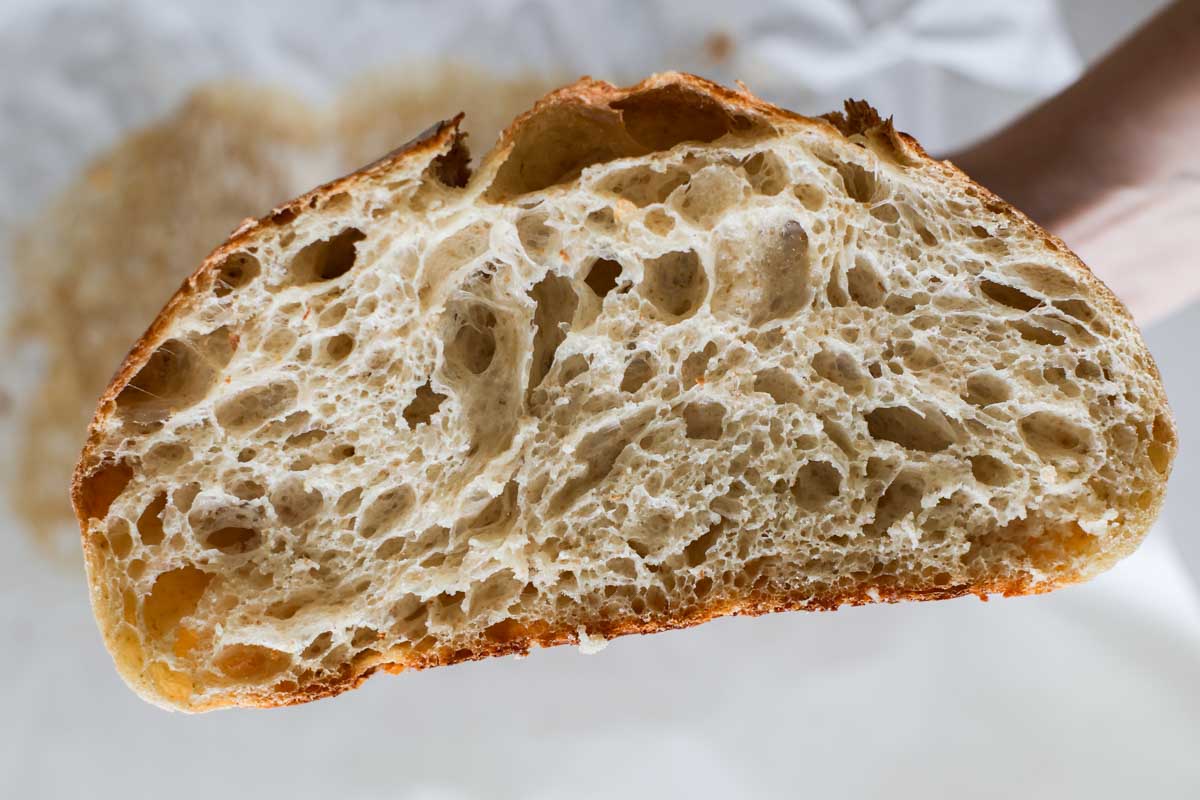 Sourdough dicard bread crumb.