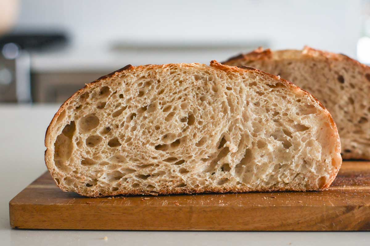 Sourdough dicard bread crumb.