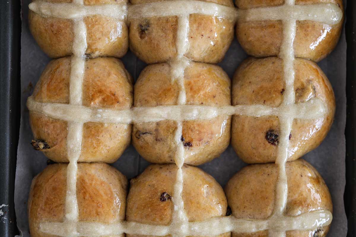 Sourdough hot cross buns, baked.